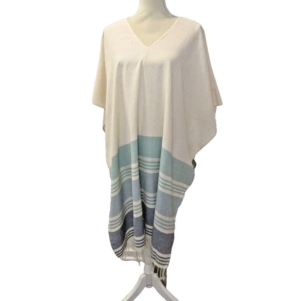 Womens OS Cream Blue Stripes Fringe Poncho Beach Caftan Coverup Boho Tribe Alive - Picture 2 of 11